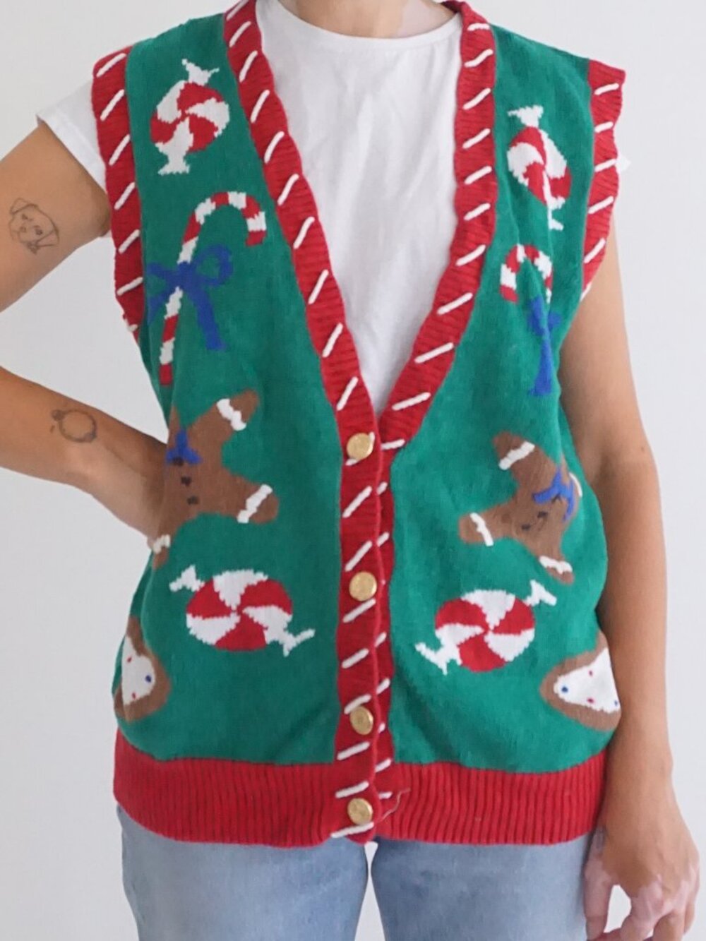 Vintage Alison Craig Green Gingerbreadmen Peppermint Candy Holiday Sweater Vest